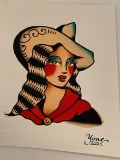 a drawing of a woman with a hat on her head