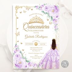 a princess birthday party with purple flowers and gold foil on the front, featuring a tiara