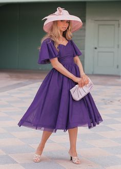 chic size inclusive model wearing JessaKae Nora Dress Dresses Dress_Purple / XS Derby Day, Flutter Sleeves, Purple Dress, Live For Yourself, Try On, Flutter Sleeve, Sweetheart Neckline, Design Crafts, Derby