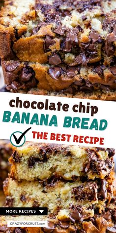 two close up photos of banana bread with chocolate chips and words between them Best Chocolate Chip Banana Bread, Chocolate Chip Banana Bread Recipe, Best Chocolate Chip, Chocolate Chip Banana, Roll Recipes, Chocolate Chip Banana Bread, Ripe Bananas, Banana Chocolate Chip, Dessert Bread