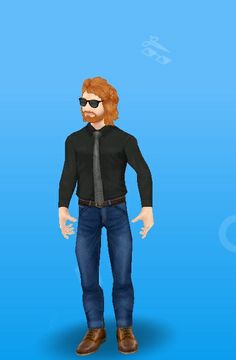 an animated man with red hair and sunglasses standing in front of a blue background wearing a black shirt and tie