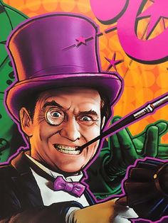 a painting of a man with a top hat holding a pipe and wearing a purple bow tie