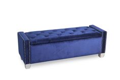 a blue bench with studded legs and an upholstered seat on the back