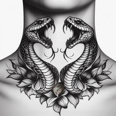 a woman's neck with two snakes on it and flowers around the neck area