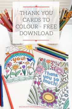 some coloring books and pencils on a table with the words thank you cards to color free