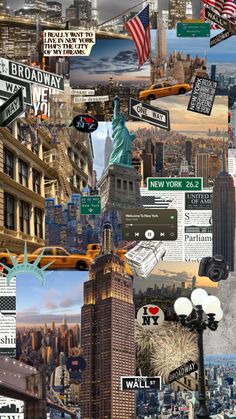 a collage of photos with the statue of liberty in new york city