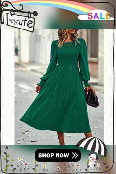 Green Crew Neck Smocked Swing Midi Dress Green Crew Neck, Midi Dresses, Women Dresses, Smocking, Dresses Midi, Shop Now, Midi Dress, Crew Neck, Green