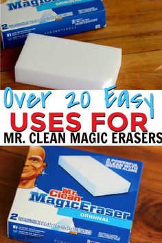 two different types of erases on top of each other with the words over 20 easy uses for mr clean magic erasers