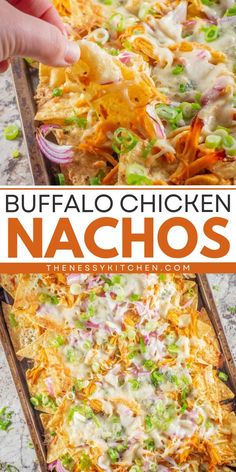 Grab some crispy tortilla chips for this football party food idea! It's an easy game day recipe for loaded chicken nachos. Tossed in a spicy sauce with two types of cheese, these sheet pan buffalo chicken nachos are a crowd-pleasing appetizer recipe! Sheet Pan Buffalo Chicken Nachos, The Best Nachos Recipes, Buffalo Chicken Dip Nachos, Game Day Nachos Football Season, Nacho Appetizers For Party, Smoked Chicken Nachos, Gameday Recipes Football Season, Football Nachos, Chicken For Nachos