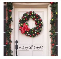 a christmas wreath on the front door of a house