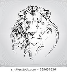 an image of a lion and its cub in black and white on a gray background