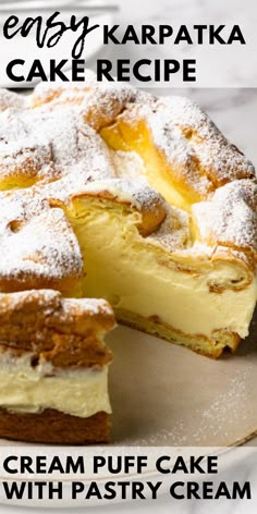 Karpatka cake dusted with powdered sugar, one piece taken. Cream Puff Cake, Puff Cake, Cream Puff Cakes, Polish Desserts, International Desserts, Carpathian Mountains, Choux Pastry, Cream Puff, Polish Food