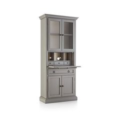 a tall cabinet with two doors and drawers on the front, one door open to reveal a