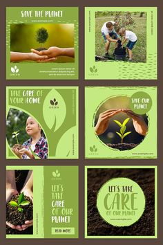 four square brochures with hands holding plants and saying let's save the planet