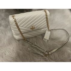 Tory Burtch Kira Chevron Bag New With Tags Soft Quilted Leather White Elegant Clutch Flap Bag, Elegant White Clutch Flap Bag, Elegant White Flap Bag For Travel, Elegant White Tote Flap Bag, Elegant White Flap Bag For Shopping, White Clutch Flap Bag With Dust Bag, Elegant White Satchel With Chain Strap, Elegant Tote Flap Bag With Chain Strap, Kira Chevron