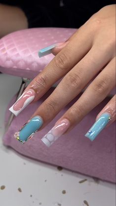 Blue Freestyle Nails, Freestyle Nails, Poppin Nails, Beige Nails