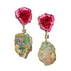 Cinque Terre 18k One of a Kind 2-Tier Gemstone Earrings: Pink Tourmaline, Diamond, and Ethiopian Opal Diamonds illuminate one of a kind, ethically sourced gemstone earrings elegantly handset in 18k gold in New York City. The dynamic combination of colors & striking textures evoke the iconic colorful architecture of Cinque Terre along the rugged coast of the Italian Riviera. Minimalist lightweight statement earrings. Top Gemstone: Pink Tourmaline, Bottom Gemstone: Ethiopian Opal Handset in 18 Unique Pink Gemstone Earrings, Multicolor Gemstone Drop Earrings, Artistic Multicolor Teardrop Earrings, Jewelry Tattoo Designs, Melinda Maria Jewelry, Trending Earrings, Colorful Architecture, Luxury Multicolor Multi-stone Earrings, Luxury Multi-stone Tourmaline Earrings