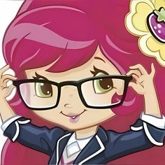 a cartoon girl with pink hair and glasses