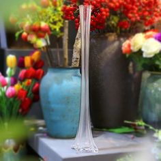 a vase with flowers in it sitting on a table next to other vases and plants