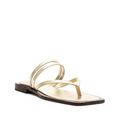 The Ranias bring back classic yet elegant flat sandals that'll give your casual outfits a touch of sophistication. Crafted from quality leather and available in blue, brown, bright yellow, and metallic colorways, these thong sandals showcase a square toe and two slender straps on the upper. They're perfect for wearing with button-downs, jeans, a basic shirt, or sundresses this Summer.Materials: Cow Leather Upper | Cow Leather OutsoleHeel Style: FlatToe Style: Square ToeUpper Format: Multi-strapsClosure Type: Slip OnHeel Height: 0,6 | 15 mmSKU: S2131300110004 Summer Sandals With Gold-tone Hardware And Single Toe Strap, Chic Gold Leather T-strap Sandals, Gold Beach T-strap Sandals With Single Toe Strap, Gold T-strap Sandals With Buckle Closure For Summer, Gold T-strap Sandals With Buckle Closure, Elegant Flats, Leather Sandals Flat, Basic Shirts, Thong Sandals