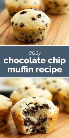 chocolate chip muffins on a cutting board with text overlay that reads easy chocolate chip muffin recipe