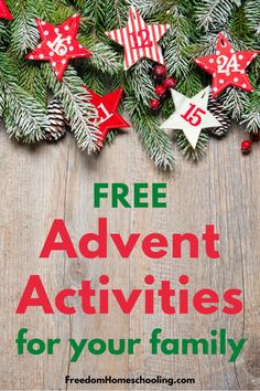 christmas tree branches with red and white stars on them, text reads free advent activities for your family