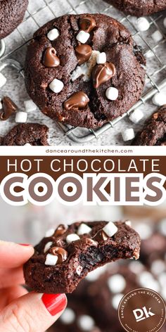 chocolate cookies with marshmallows on top and the title above reads, hot chocolate cookies