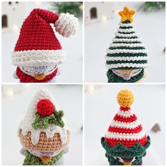 crocheted christmas hats are shown in four different styles