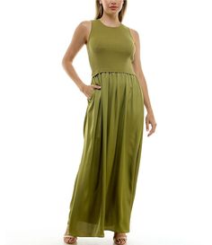 Taylor Mix Media Ribbed Bodice Crew Neck Sleeveless Satin Skirt Side Pocket Maxi Dress | Dillard's Sleeveless Solid Maxi Dress With Pleated Bodice, Casual Sleeveless Satin Dress, Green Sleeveless Dress With Elastic Waistband, Fitted Solid Color Dress With Elastic Waistband, Fitted Sleeveless Rayon Dress, Sleeveless Stretch Rayon Dress, Stretch Sleeveless Rayon Dress, Chic Sleeveless Dress With Elastic Waistband, Solid Sleeveless Rayon Maxi Dress