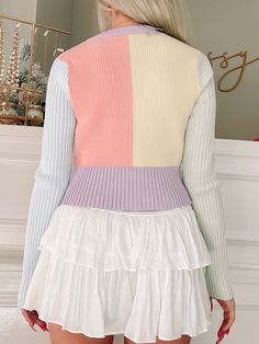 Our Pastel Perfection Color Block Cardigan is a knitted button-down front cardi sweater top. fit: true to size - model wearing size small content: 80% viscose, 20% polyester Fitted Fine Knit Button-up Sweater, Spring Fitted Textured Knit Cardigan, Spring Textured Knit Fitted Cardigan, Fitted Soft Knit V-neck Cardigan, Fitted V-neck Soft Knit Cardigan, Chic Spring Button-up Sweater, Chic Button-up Spring Sweater, Trendy Long Sleeve Color Block Cardigan, Chic Button-up Sweater For Spring