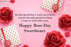 roses and hearts on a pink background with the words happy rose day sweetheart