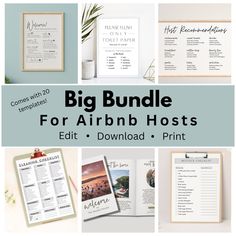 the big bundle for airbnb hosts is shown with photos and text on it