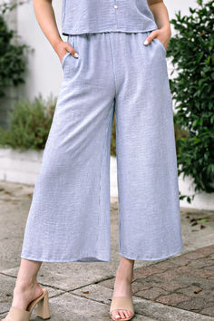 Elevate your casual wardrobe with these striped denim wide-leg pants! Featuring a flattering high-waist design with an elastic band for all-day comfort, they combine timeless stripes with a breezy, lightweight fabric perfect for warmer days. Functional pockets keep essentials close, while the relaxed wide-leg silhouette adds a chic, modern touch. Style them with the matching top for a coordinated, effortlessly stylish ensemble.  
#WideLegPants #DenimStyle #EffortlessChic #StripedDenim #WarmWeatherStyle Striped Dresses, Striped Tops, Blue Skirts, Striped Denim, Striped Wide Leg Pants, Flowy Blouse, Evening Outfits, Fitted Top