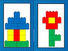 two pictures of flowers made out of legos, one is blue and the other is red