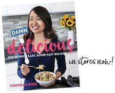 a woman holding a bowl of food in front of her face and the cover of delicious delicious