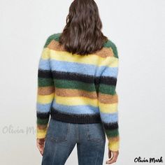 Olivia Mark - Multicolor Vibrant Melange Striped Long Sleeve Pullover Sweater Striped Color Block Tops For Winter, Green Crew Neck Sweater With Color Matching, Fall Color Block Crew Neck Outerwear, Striped Crew Neck Outerwear For Fall, Multicolor Crew Neck Cardigan For Fall, Cozy Multicolor Crew Neck Outerwear, Multicolor Crew Neck Winter Outerwear, Multicolor Casual Outerwear With Crew Neck, Multicolor Casual Crew Neck Outerwear