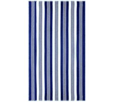 a blue and white striped towel hanging on a wall