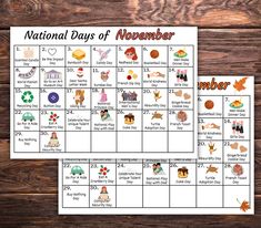 two printable calendars with the national days of november