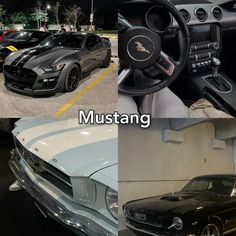 three different pictures of mustangs in a parking lot and one is black with white stripes