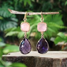 Purple and Blush Pink Gold Earrings, Amethyst Earrings, Blush pink Bridesmaid Gift for Her Bridal jewelry Bridesmaid gift Maid of honor gift Chistmas Gift, Blush Pink Bridesmaids, Rosa Gold, Maid Of Honor Gift, Amethyst Stones, Bridal Jewelry Collection, Jeweled Earrings, Jewelry Bridesmaid, Maid Of Honour Gifts