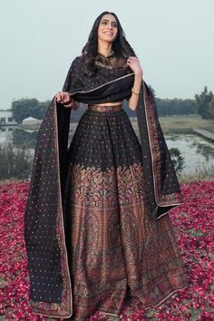 Black vegan silk lehenga with an attached cancan and floral weaving pattern. Comes with a padded blouse and a dupatta. - Aza Fashions Black Raw Silk Lehenga For Festivals, Black Raw Silk Sets For Festivals, Designer Black Art Silk Lehenga, Black Silk Dupatta For Reception, Black Raw Silk Anarkali Set For Festivals, Black Banarasi Silk Lehenga For Wedding, Fitted Black Banarasi Silk Dupatta, Black Brocade Sets For Festive Occasions, Black Raw Silk Wedding Sets