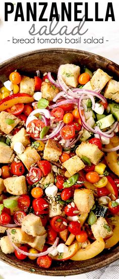 panzanella salad with bread and tomatoes in a bowl