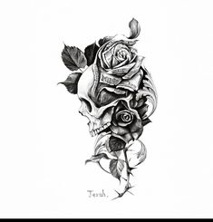 a black and white drawing of a skull with roses on it