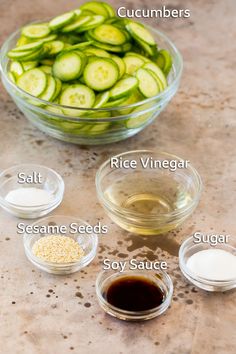 the ingredients for cucumbers are shown in bowls