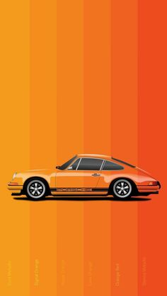 an orange porsche poster with stripes in the background and a black car on the right side