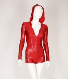 "Red hologram hooded front zip bodysuit. Size S -long sleeves -front zip -fabric has medium to high stretch -high quality nylon/spandex, medium weight opaque material -made in and shipped from Los Angeles  Size Chart Women   XS: 0,  Chest: 29-31\", Waist: 23-25\", hips 33\"-35\" S: 0-2,  Chest: 31-33\", Waist: 25-27\", hips 35\"-37\" M: 4-6, Chest: 33-35\", Waist: 27-29\", hips 36\"-39\" L: 8-10,  Chest: 35-38\", Waist: 30-32\", hips 38\"-41\" XL: 12-14,  Chest: 39-41\", Waist: 33-35\", hips 40\ Red Stretch Long Sleeve Unitard, Red Long Sleeve Stretch Unitard, Spandex Romper, Cowboy Suit, Glitter Romper, Jumpsuit Outfit Casual, Footed Leggings, Red Bodysuit, Burning Man Costume