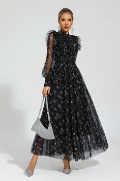 Elevate your style with the Beryl Black Floral Long Sleeve Dress. Designed with a gentle breeze of femininity, this dress features a high-waisted cut and a Peter Pan collar adorned with delicate frills. Perfect for beach getaways or birthday celebrations, this long dress exudes a graceful charm that will turn heads wherever you go.  Dress Length: Approx 140cm Materials: Polyester Gentle Dry Clean Only  The model is 5 ft 7 and wears size S  Color may vary due to lighting on images. The product im Bridal Party Dresses, Summer Party Dress, Long Sleeve Floral Dress, Pink Maxi Dress, Shop Maxi Dresses, Trendy Dresses, Black Maxi Dress, Black Floral, Cute Fashion