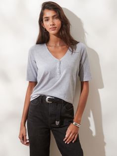 Timeless Elbow-Sleeve Henley T-Shirt | Banana Republic Factory Classic V-neck T-shirt For Spring, Relaxed Fit V-neck T-shirt For Layering, Chic V-neck T-shirt For Fall, Chic Fall V-neck T-shirt, Casual V-neck T-shirt For Gatherings, Relaxed Fit V-neck T-shirt For Casual Gatherings, Casual V-neck Top For Spring Layering, Gray V-neck T-shirt For Spring, Spring Trendy Tops With Henley Neckline