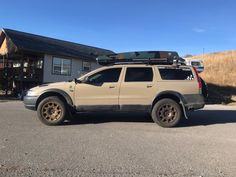 an suv parked in front of a house