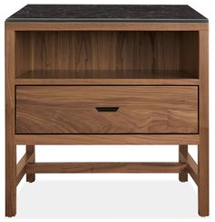 the side table is made from wood and has an open drawer on one side with two drawers